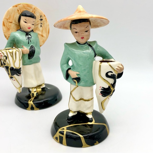 Vilas Asian Statuette Pair Kintsugi Repaired Gold Crack Art Growth Gift MCM - Picture 13 of 16